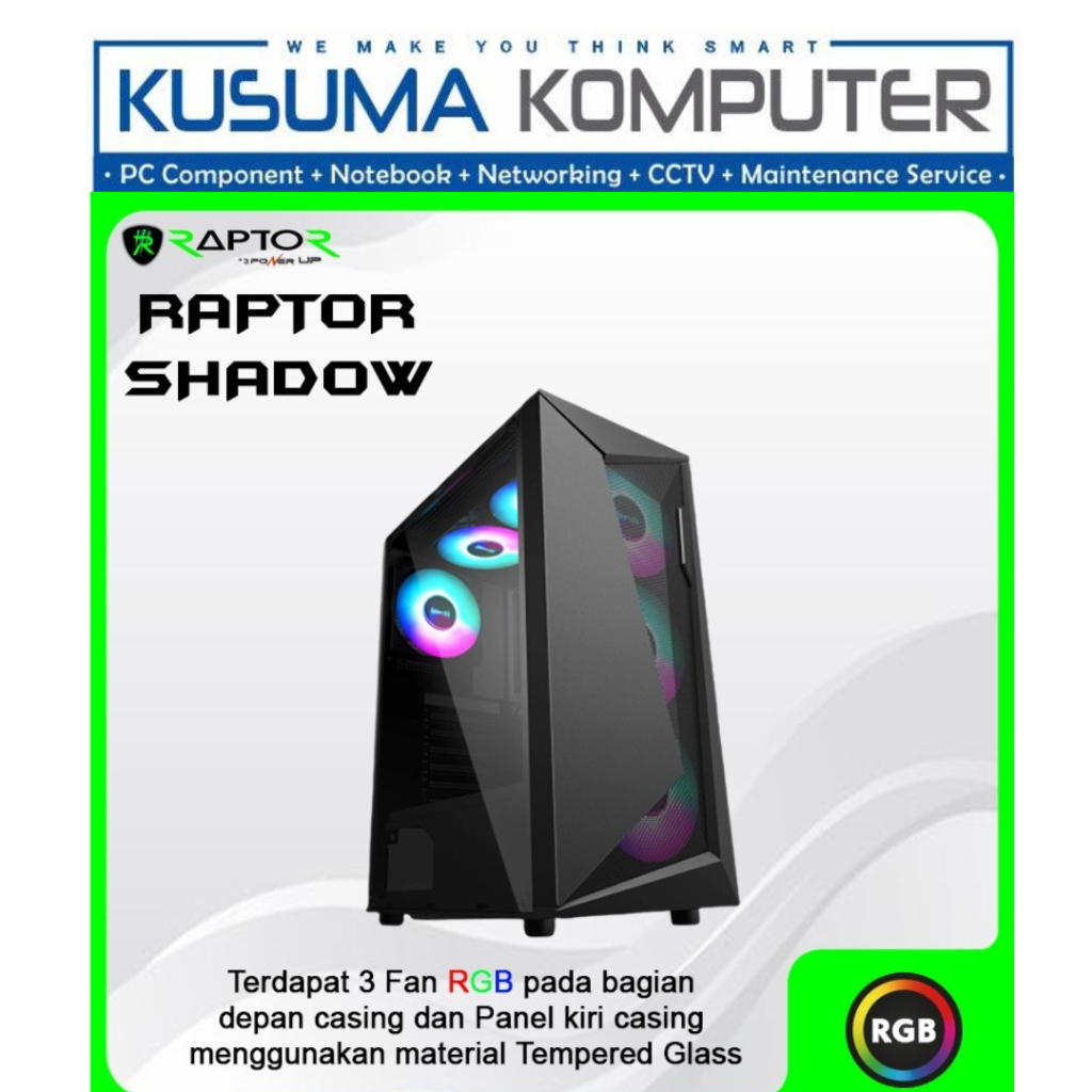 Casing Power Up Raptor SHADOW + 3 Fan RGB Gaming Case