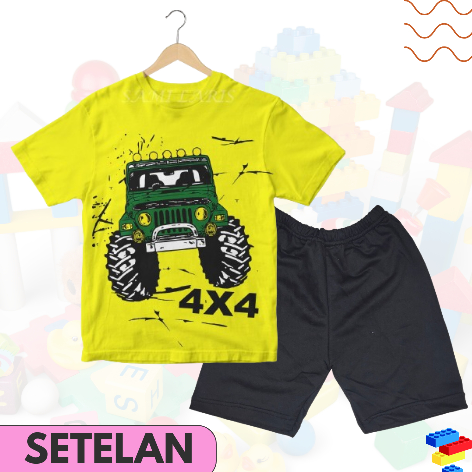 Samilaris Baju Setelan Kuning Jeep 4x4 Anak Laki Laki Umur 1 - 10 Tahun