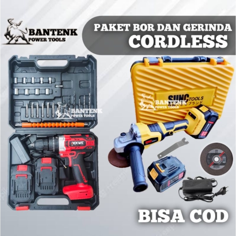 PAKET BOR DAN GERINDA CAS. BOR DAN GERINDA BATERAI LENGKAP PAKET MESIN BOR BATRE DAN GURINDA BATRE