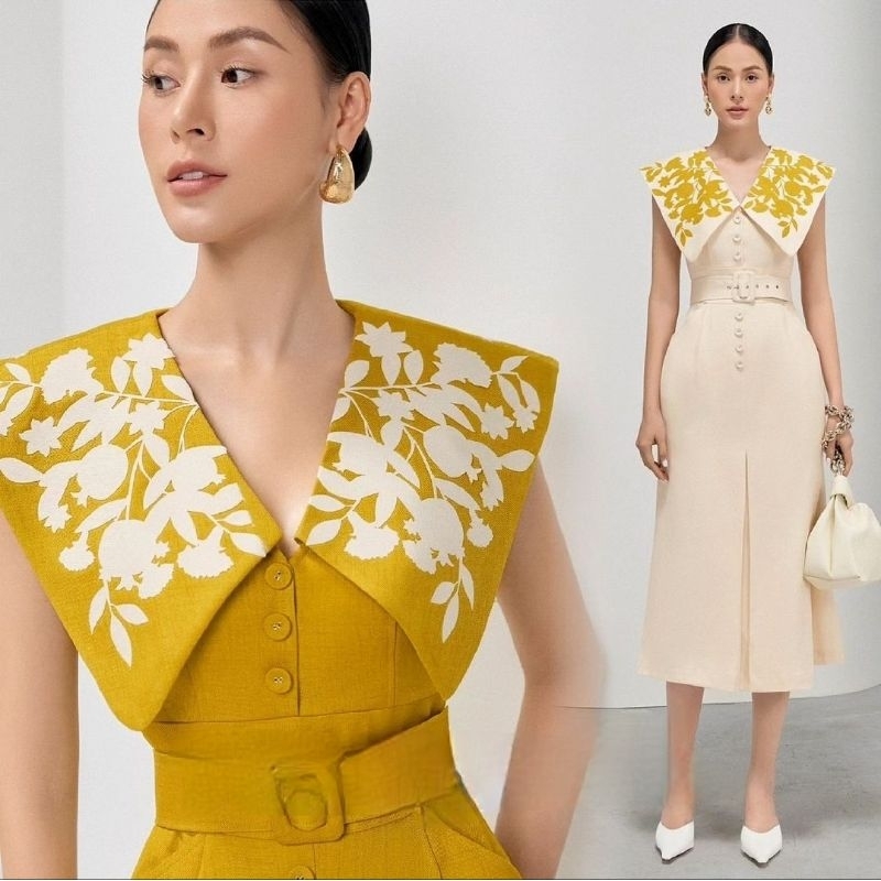 dress kerah sleeve floral flower midi gown dress yellow cream vintage klasik korea classic belt