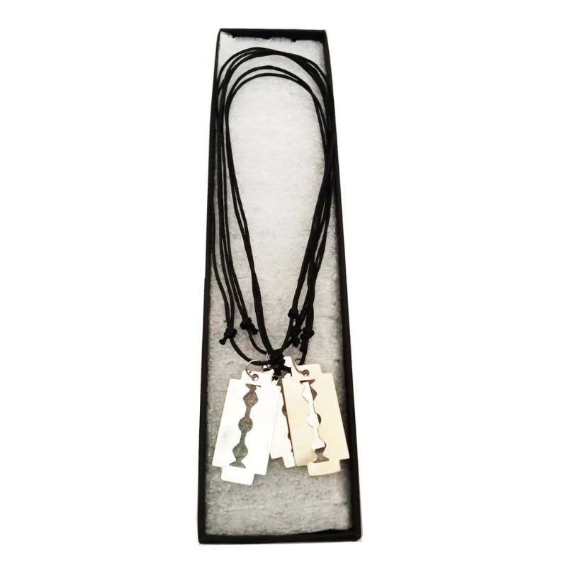 Kalung tali korea hitam mainan silet baja putih anti luntur