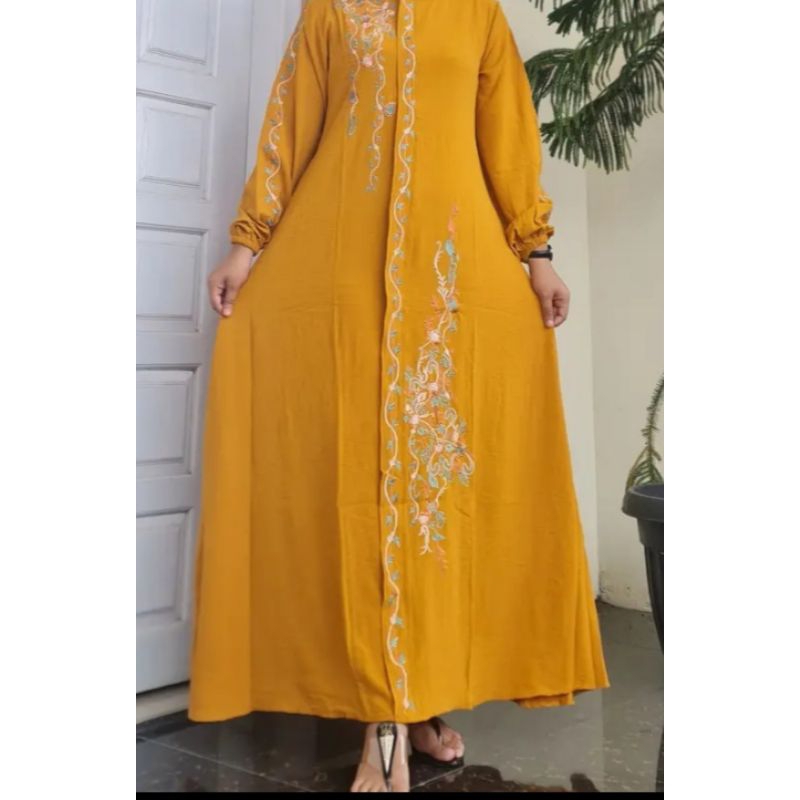 gamis wanita bahan crincle airflow adem lingkar dada 110 cm panjang baju 140 cm dengan bordir asli t
