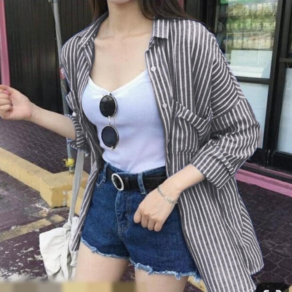 KeyF  - 0112 OUTER STRIPE Size XXL Oversize Cotton Yandeth / Atasan Wanita Kemeja Cotton Oversize