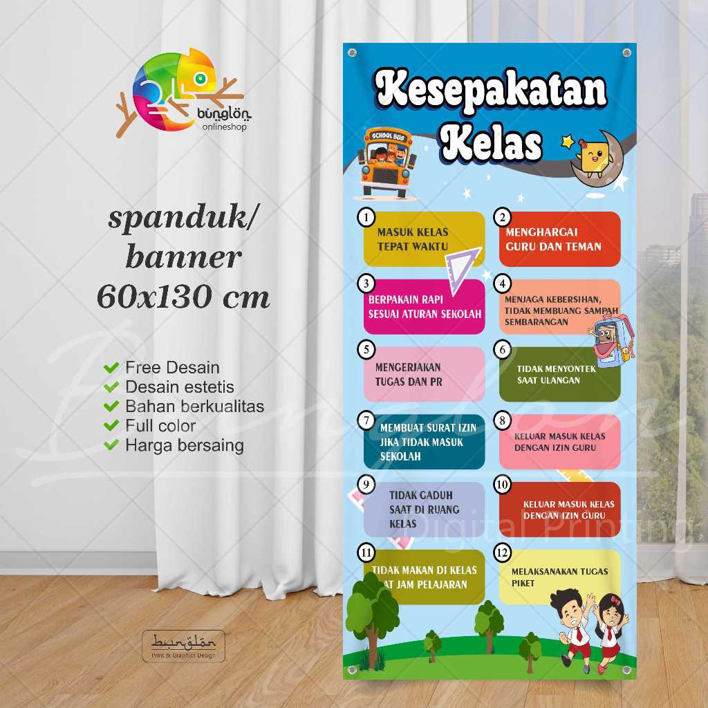 Spanduk Banner Kesepakatan Kelas, Struktur Kelas, Pojok baca, Pohon Cita-cita, Dll