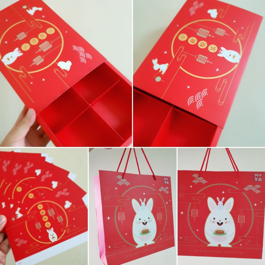 

( 5 Pcs ) Paket Dus & Paperbag Mooncake 100 gr Sekat 6 Warna Merah Red Rabbit Box Penyimpanan Box Natal