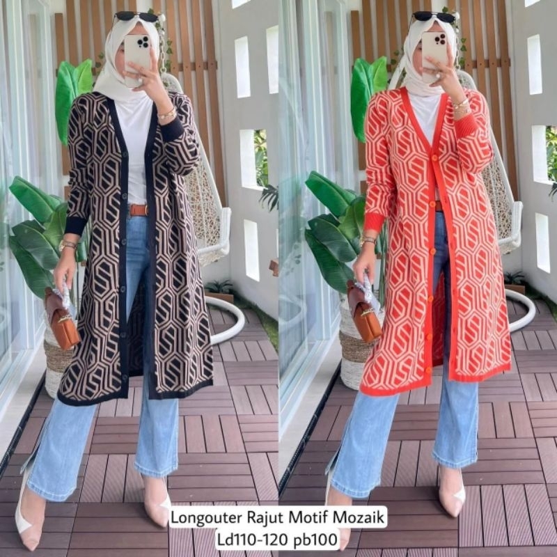 Mozaik Long Cardy warna Oren orange hijau green cardigan panjang wanita motif cantik etnik bahan raj