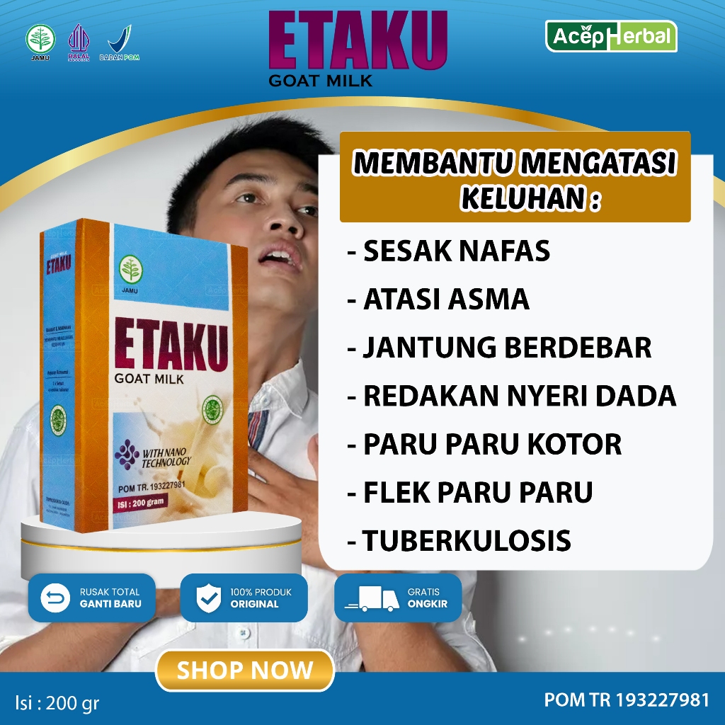 

Obat Sesak Nafas Jantung Berdebar Nyeri Dada Asma Paru-paru Kotor Flek Paru-paru Tuberkulosis TBC Etaku Goat Milk