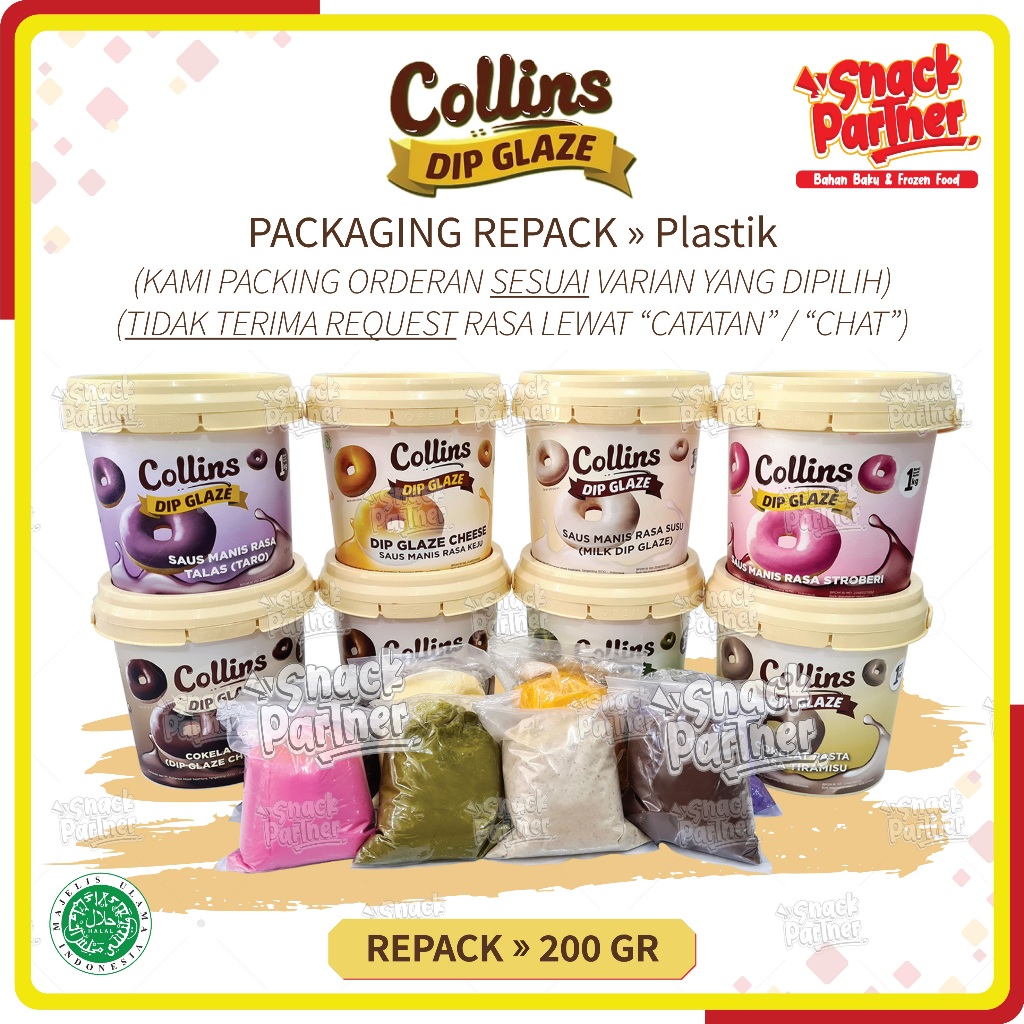 

COLLINS DIP GLAZE Repack 200 GR - Topping Selai Donat / Kue Aneka Rasa - Chocolate Coklat Choco Crunchy / Strawberry Stroberi / Milk Susu / Green Tea Teh Hijau / Tiramisu / Taro Talas / Cappucino Kapucino / Cheese Keju