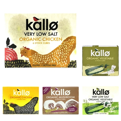 

Kallo Organic Stock Cubes (Chicken Very Low Salt, Chicken, Mushroom, Vegetable Very Low Salt, Vegetable)