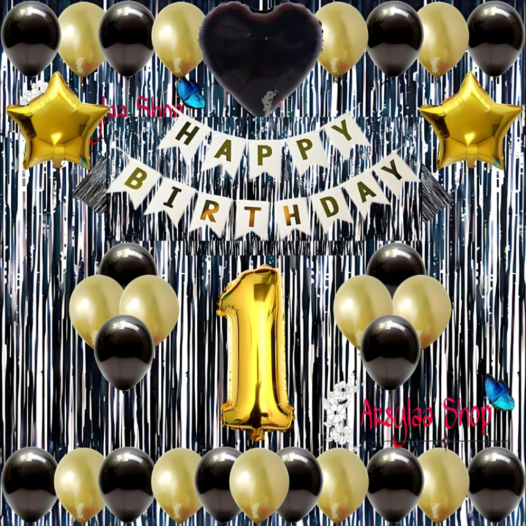 Paket Dekor Ulang Tahun Anak Cewek Cowok Dan Dewasa Banner Segilima Putih Balon Metalik Gold Mix