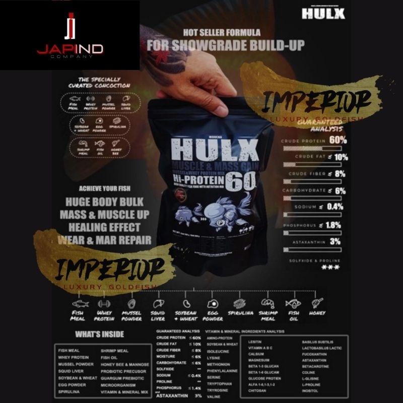 Pakan Ikan Koki Goldfish Pelet HULX Thailand BLACK Protein 60% Sinking 1 mm  - JAPIND IMPERIOR - SET