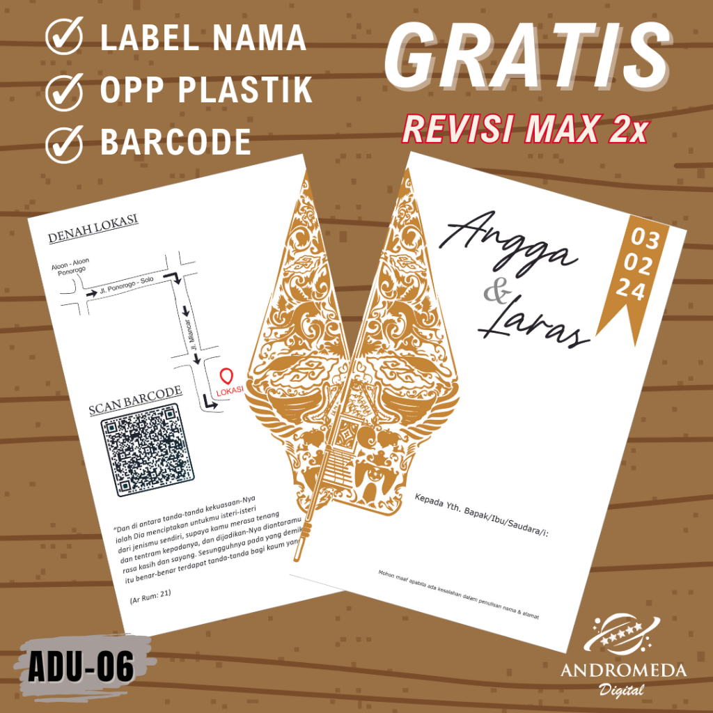 

Undangan Ngunduh Mantu Tema Jawa Wayang Gold Lipat 2 Pengantin Jawa Free Foto BC 150GSM Elegant Rustic Simple Unik Kekinian Initation Card Minimalis Vintage Wayang Gunung ADU 06 Murah Se Jawa Timur Ponorogo