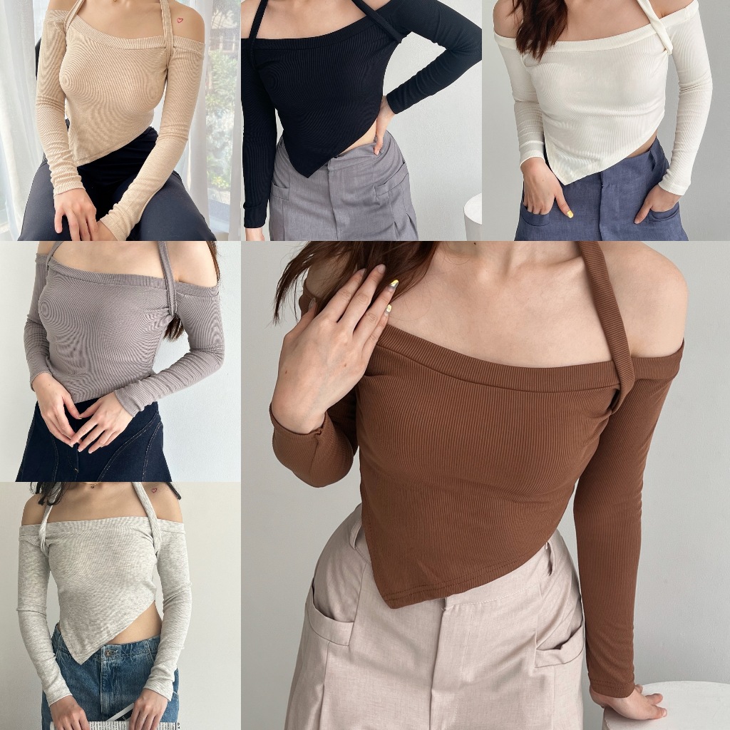 NAOMI HALTER NECK RIB KNIT TOP - Two ways multiway crop top off shoulder atasan tali unik lengan pan