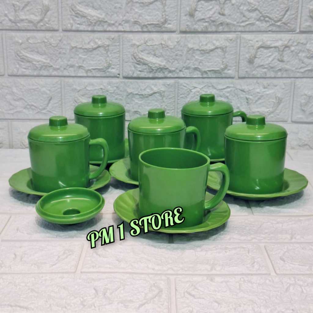 Cangkir Melamin Set Plus Tutup dan Tatakan Warna /Gelas Teh Kopi Melamin