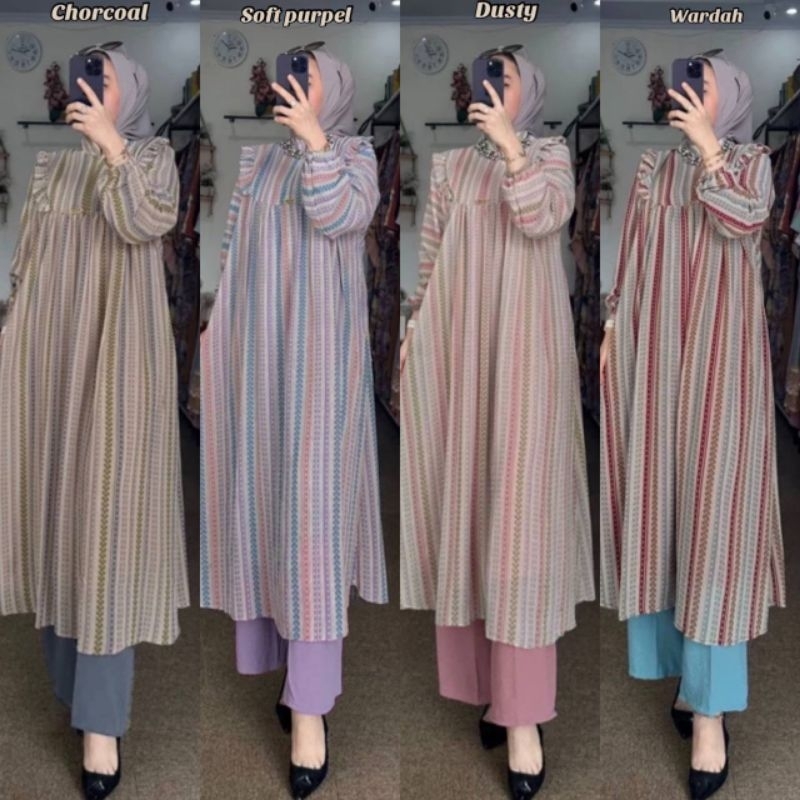One Set Wanita Kekinian Set Tunik Long Salur Setelan Ceruty Babydol Celana Kulot Airflow Outfit Wani