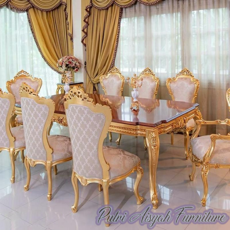 SET MEJA MAKAN GOLD UKIR MEWAH 8 KURSI.MEJA MAKAN FULL UKIR CUSTOM