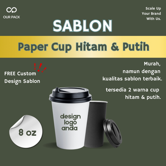 SABLON PAPER CUP HOT 8 oz MERK STARINDO WARNA PUTIH & HITAM + TUTUP