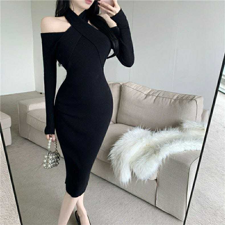 Dress Rajut Warna Hitam Lengan Panjang Pakaian Wanita Korean Style