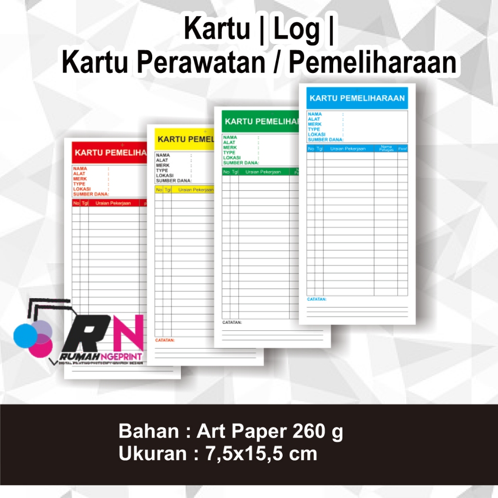 

Kartu Perawatan / Pemeliharaan Bisa Custom warna & tulisan Art Paper