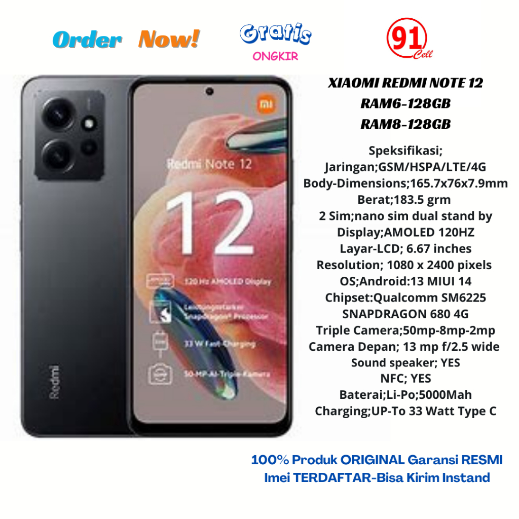 Xiaomi Redmi Note 12-4G (Ram8/256gb)-(Ram8-128gb)-(Ram6/128gb) garansi resmi 1 tahun
