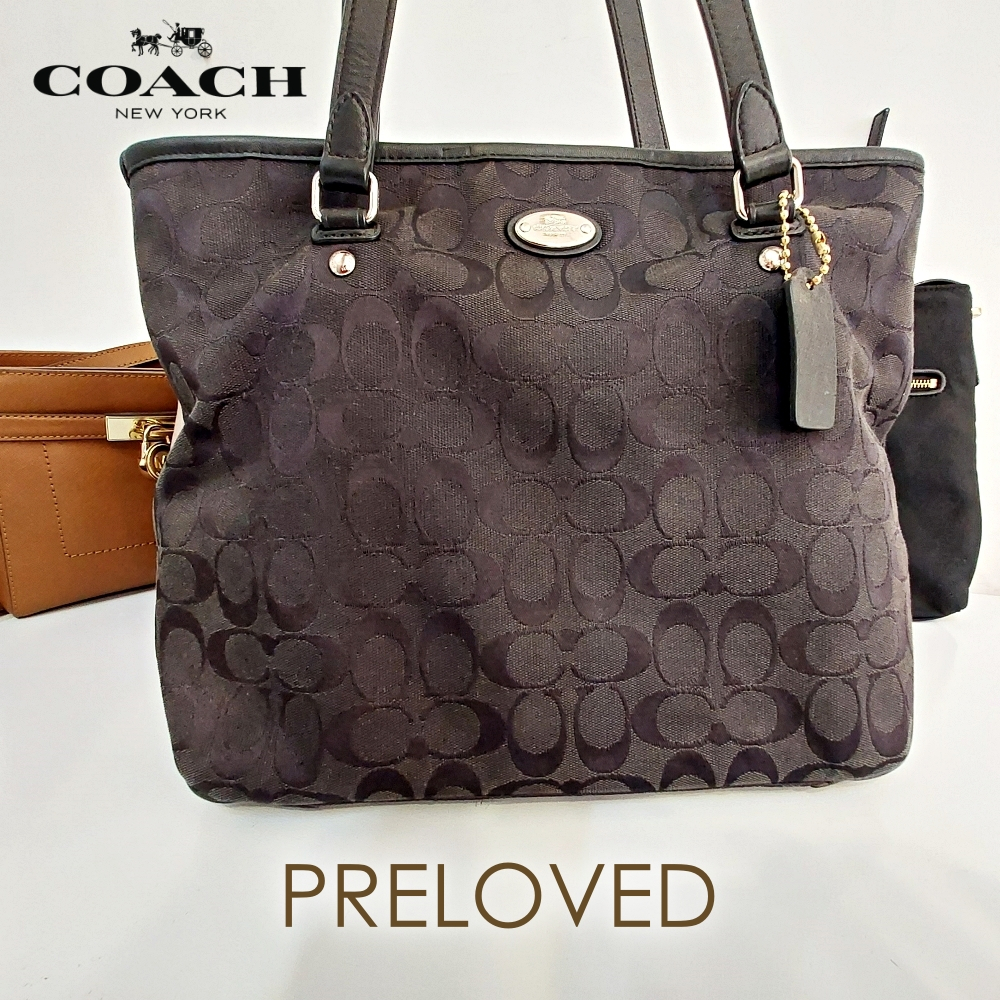 TAS WANITA COACH TOTE BAG HITAM  KANVAS X LEATHER ORIGINAL PRELOVED