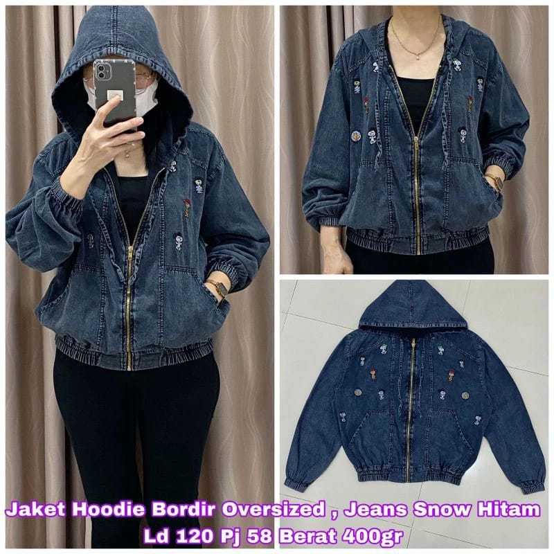 GGI370 Jaket Wanita Jeans Denim Hoodie Bordir Oversized Snow Biru Jumbo LD120 PJ58 bawah karet