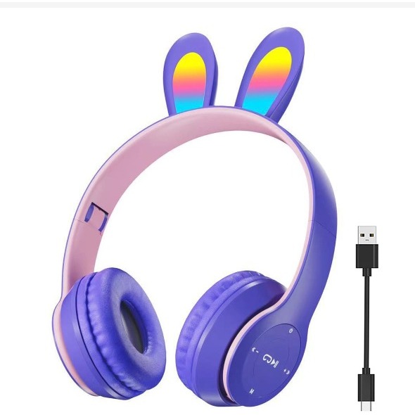Headphone Wireless Telinga Kelinci Bluetooth V5.3 Headset Full Bass Stereo LED RGB Rabbit Ear Stereo
