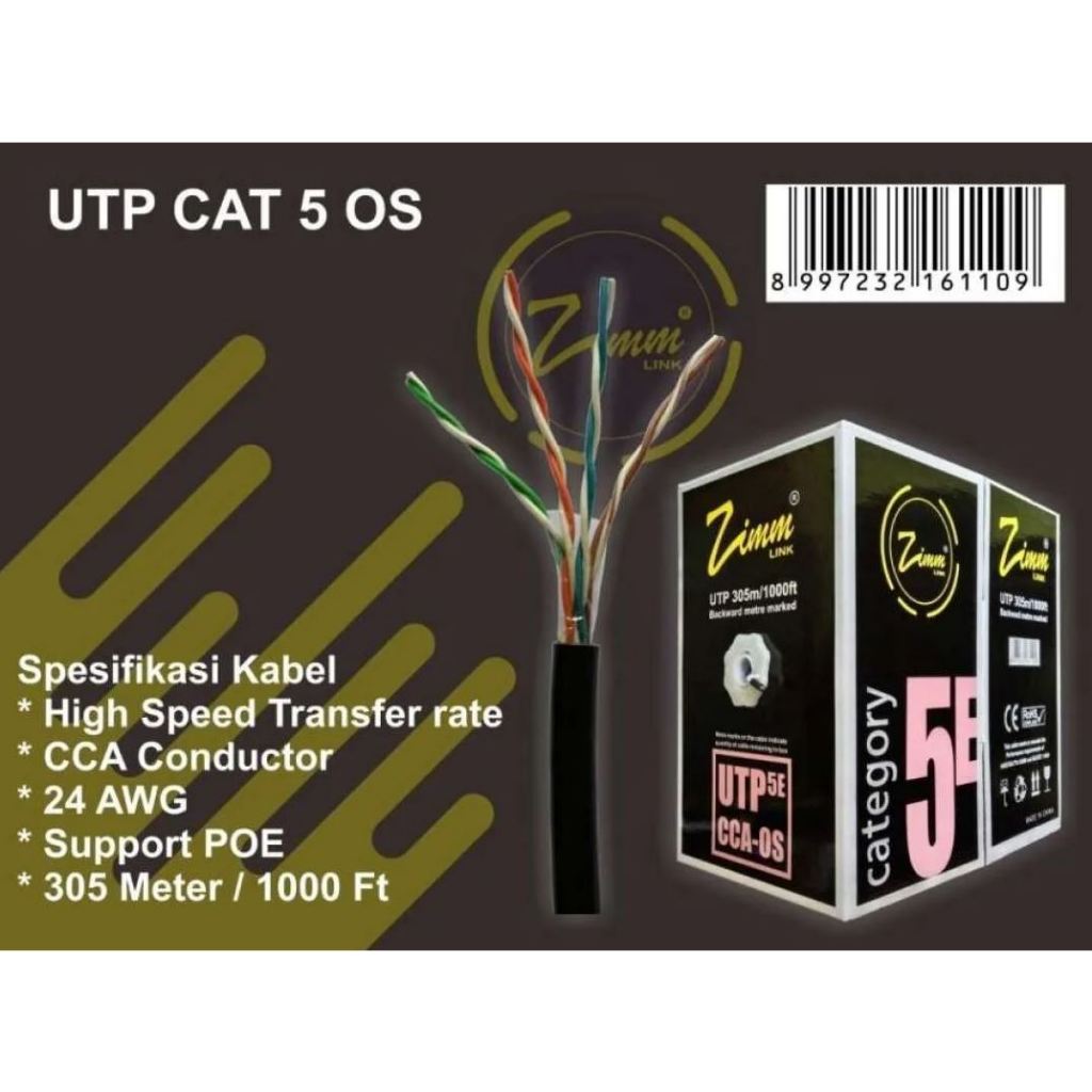 Kabel LAN UTP Cat 5e CCA OS OUTDOOR HITAM Zimmlink Panjang 305 Meter
