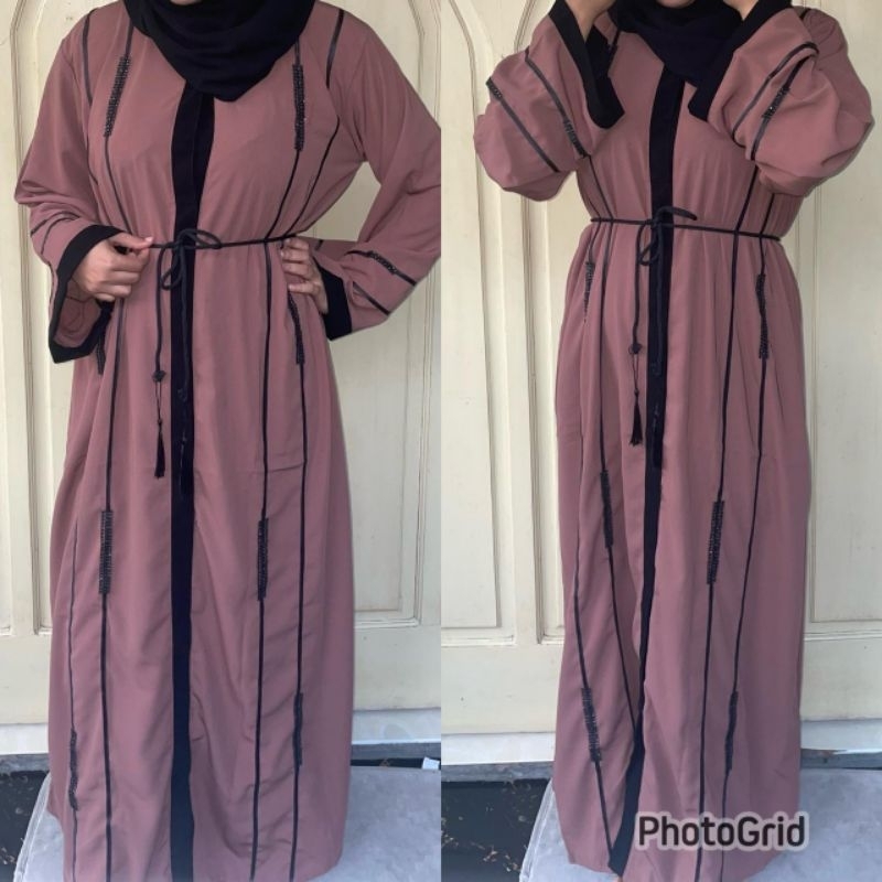 Abaya Gamis Outer Zahira by Abaya Official Store Outer Salem Silver Sage Kancing Cetit Full Free Belt