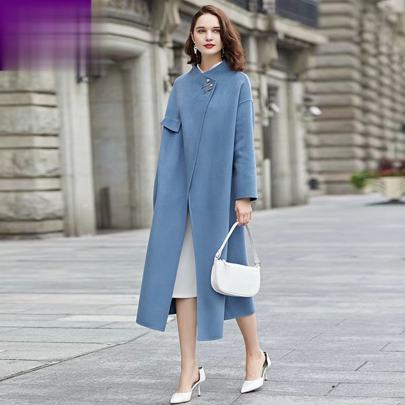 Mantel Kasmir Selendang Wanita Wol Murni 100% Mantel Wol Dua Sisi Wanita Gaya Panjang Longgar Kasual