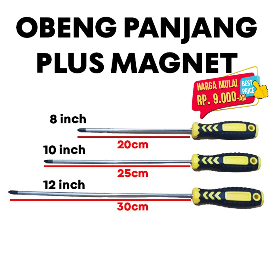 Obeng Panjang Magnet Plus + Gagang Karet 8 10 12 inch