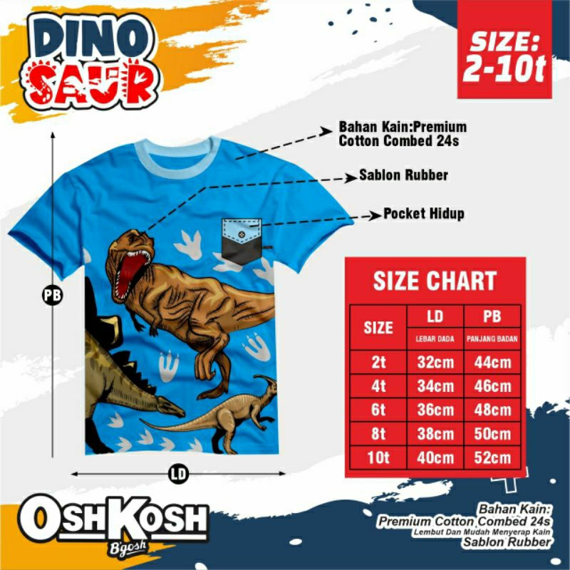 kaos anak branded OshKosh sablon dinosaurus