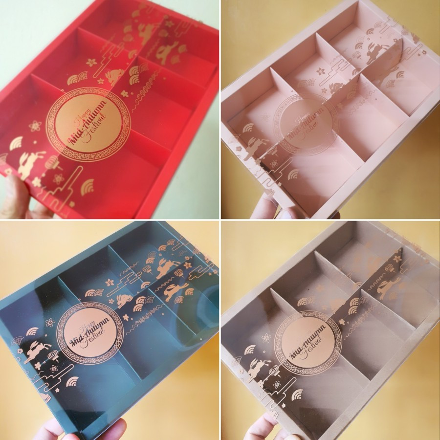 

( 5 Pcs ) Dus Mika Mooncake 50 - 75 Gr Sekat 6 Ukur 24.5 x 17.5 x 4.5 cm Dus Tempat Makanan Mika Gold Transparan