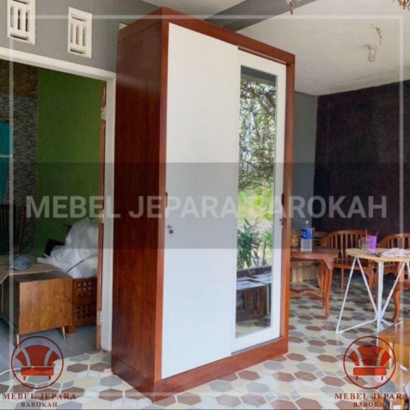 Lemari Pakaian 2 Pintu Sliding Kayu Jati Duco Kombinasi Kaca Minimalis Almari Rak Pakaian Serbaguna