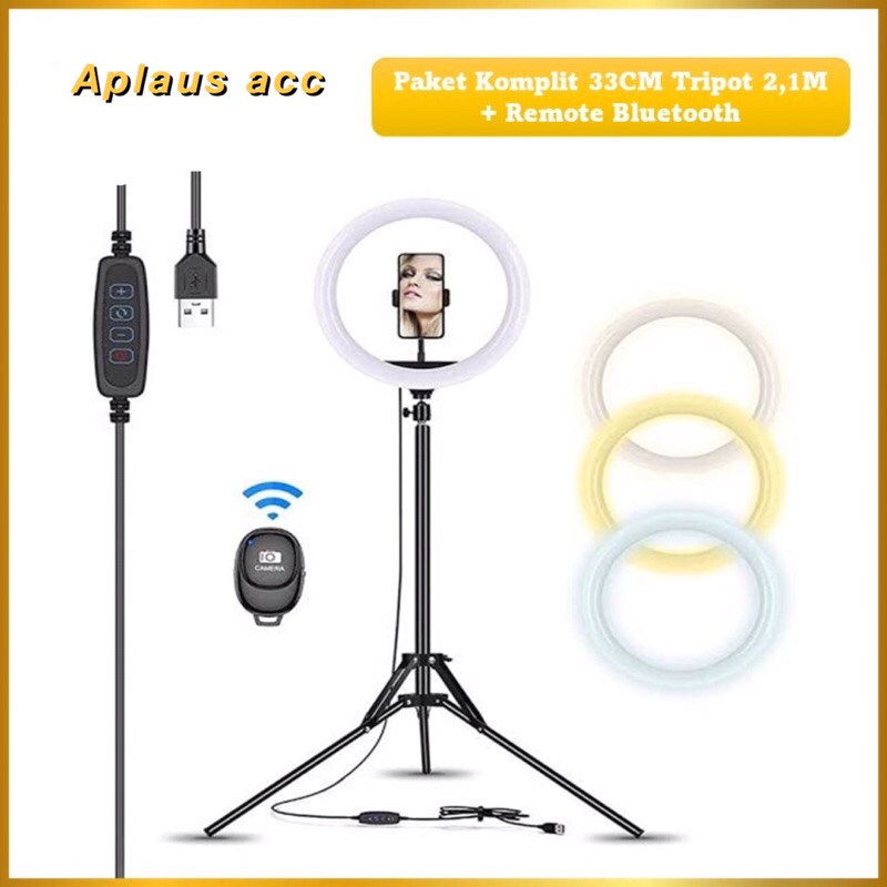 Paket Komplit Live Tripod 2,1M Pack + Ringlight 33cm Pack + Remote Bluetooth Selfie Make Up Vlog