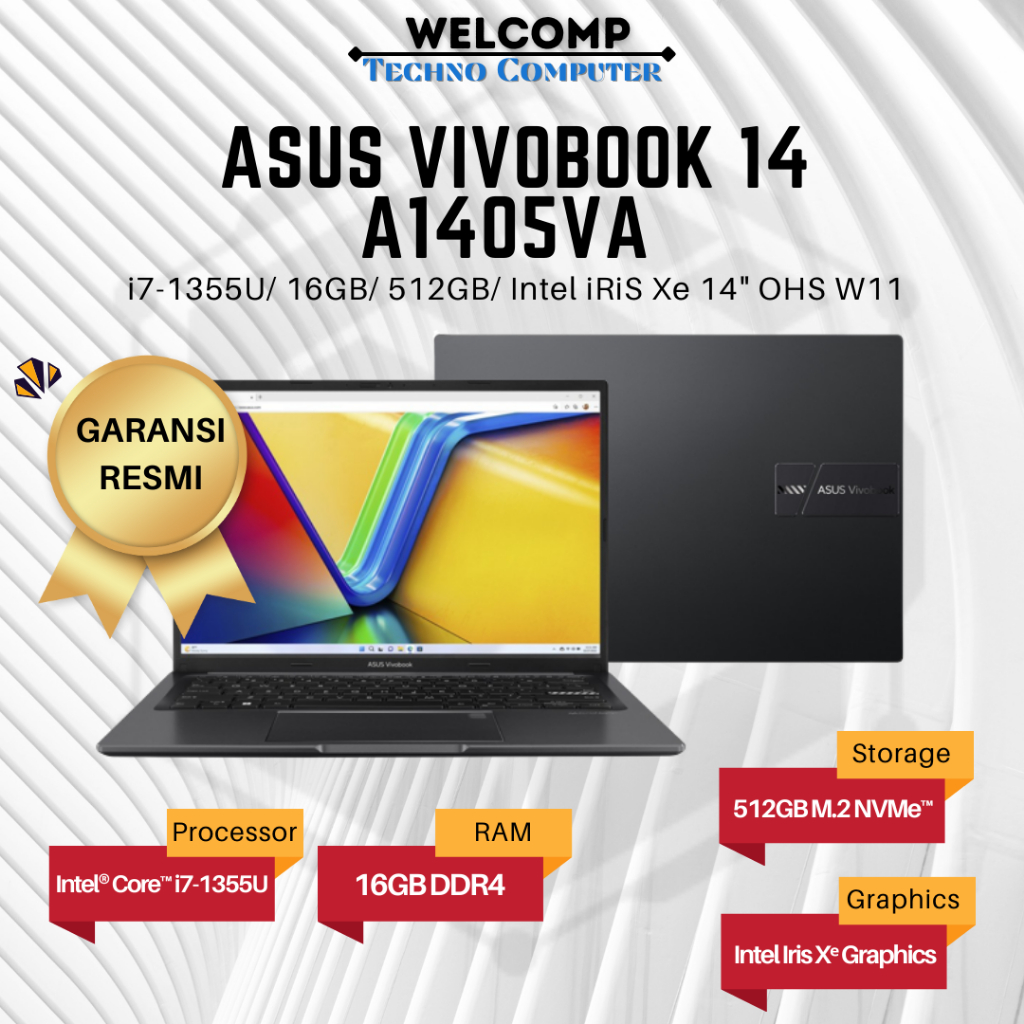 Laptop Asus Vivobook 14 A1405VA i7-1355U/ 16GB/ 512GB/ Intel iRiS Xe 14" OHS W11 Bergaransi Resmi