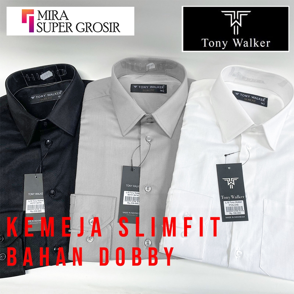 TONY WALKER Kemeja Pria Bahan Dobby Slimfit Lengan Panjang Original Polos Kombinasi Baju Atasan Kerj