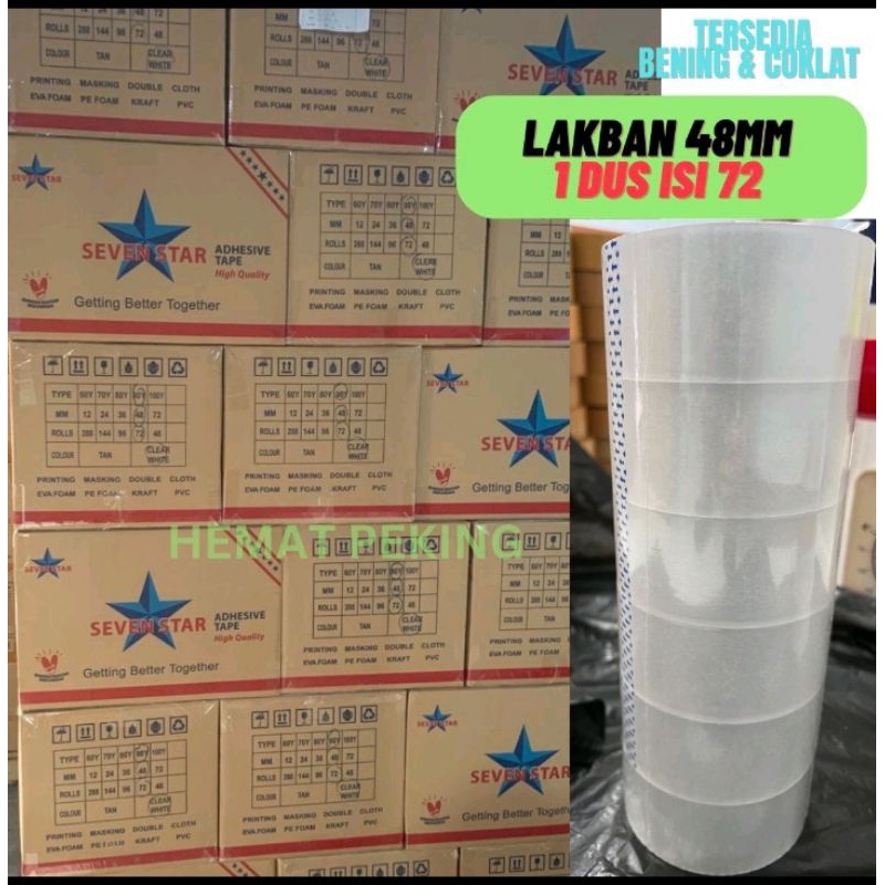 

Lakban 48mm 1 dus isi 72 roll 90 yard 100 yard Bening Coklat