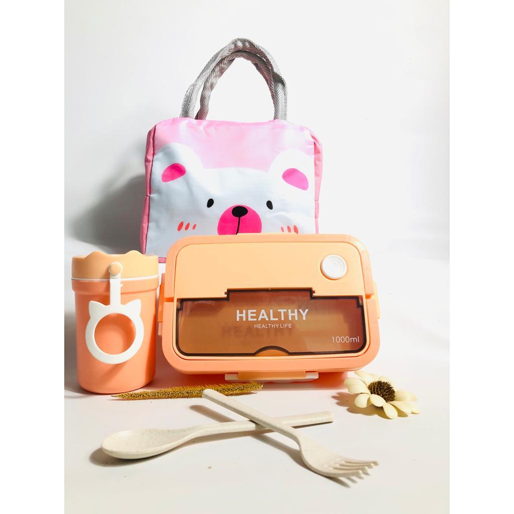 Lunch Box Bento  1000 ML Dengan Tas Karakter / Kotak Makan Plastik 1000 ML