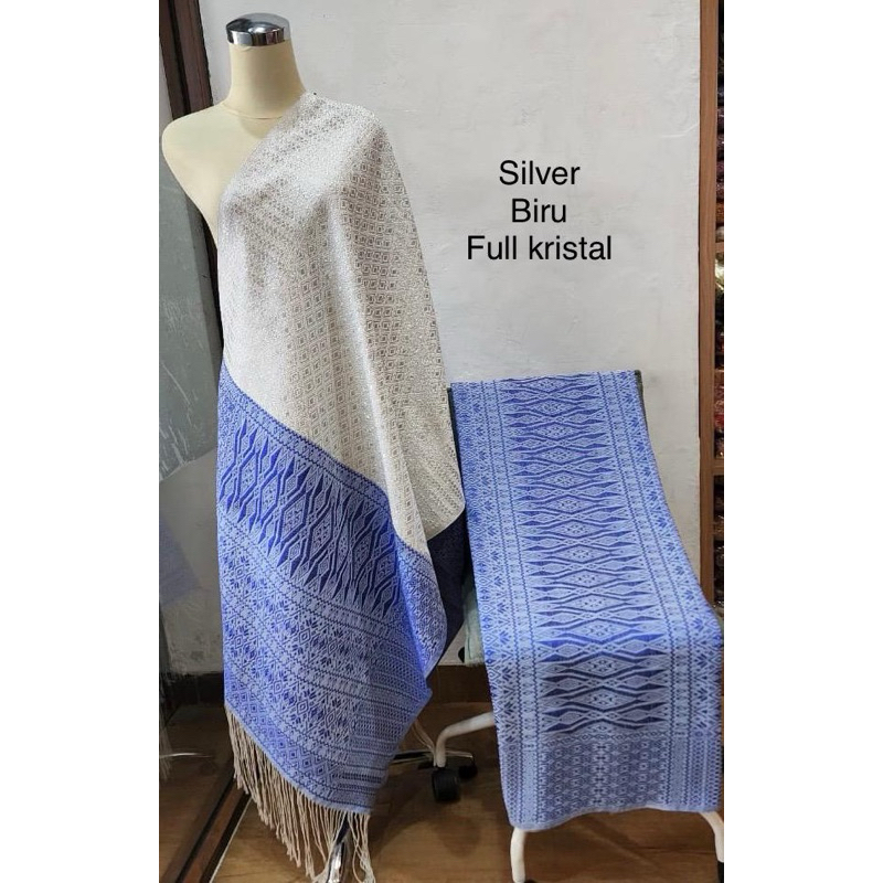 Songket Tumtuman Tanpa Sambungan Silver Biru Full Kristal