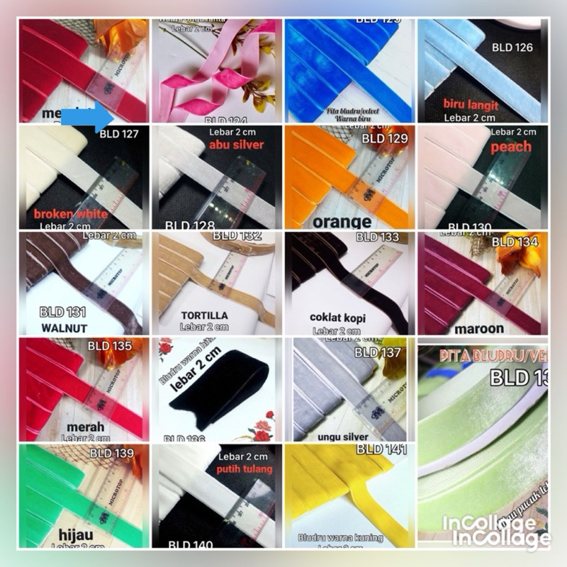 

per rol 15 meter.pita bludru/velvet,warna warni lebar 2 cm
