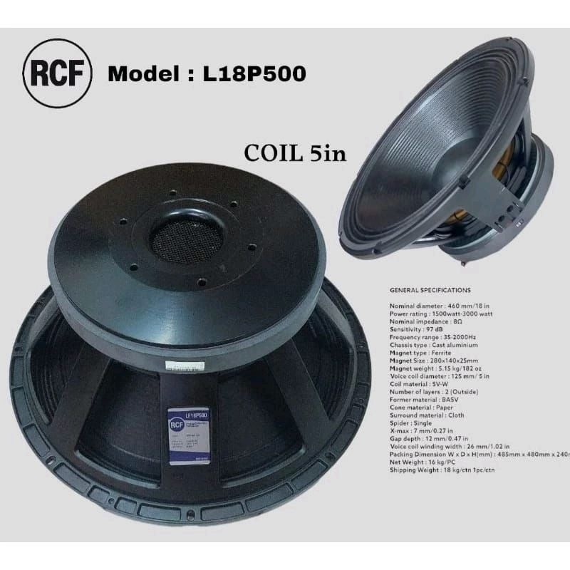 SPEAKER SUBWOOFER RCF 18P500 VOICE COIL 5 INCH MAGNET BESAR
