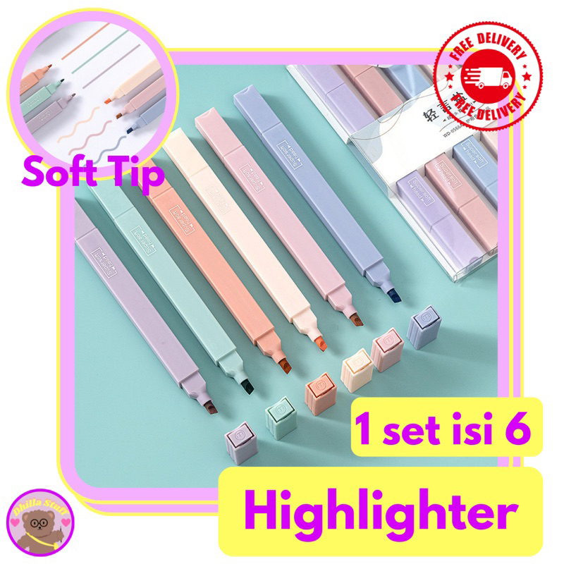 

Highlighter Premium ver | Aesthetic Dhilla | Super Soft Head Highlighter Set 6pc