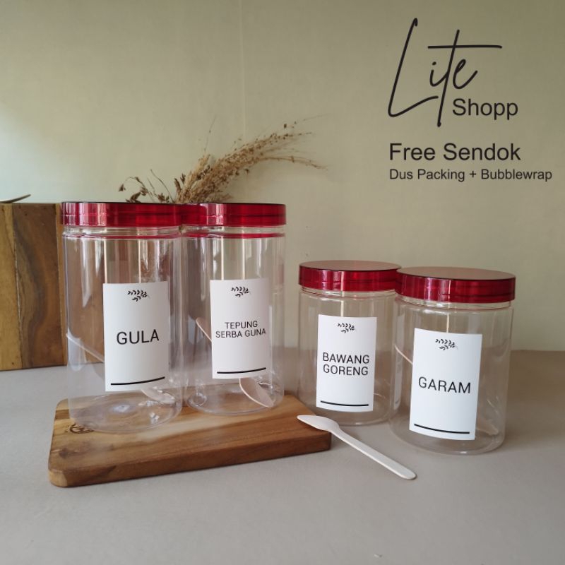 Toples bumbu dapur Aesthetic 800ml & 1000ml TUTUP MERAH CLEAR