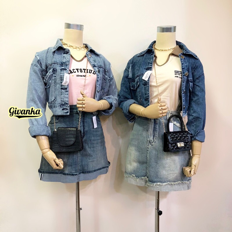 JAKET JEANS CROP,SEMI CROP POLO SHIRT FIT BODY,ROK CELANA MINI JEANS//