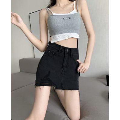 Rok jeans pendek sobek rok korean style high waist ripped hitam