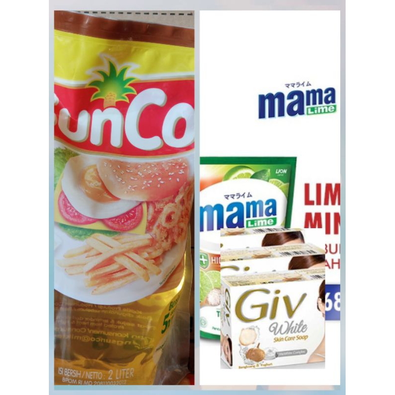 

MINYAK SUNCO 2 LTR+ MAMA LIME 680ML+SABUN GIV 2