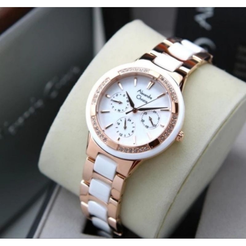 Jam tangan wanita alexander cristie ac2299 white rosegold keramik