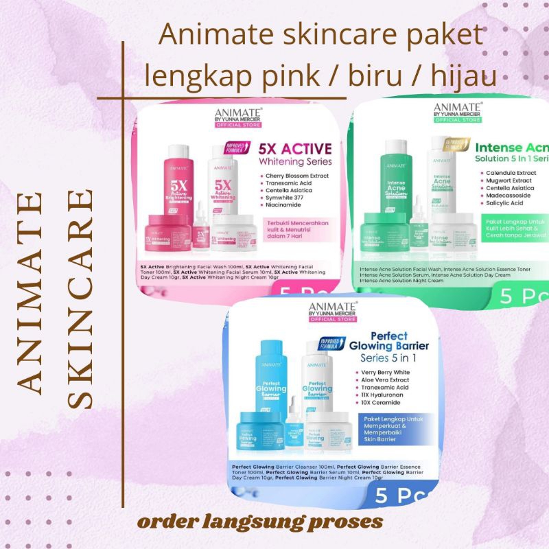 Animate Skincare Formula baru / pink mencerahkan flek hitam / biru skin barier / hijau acne isi 5