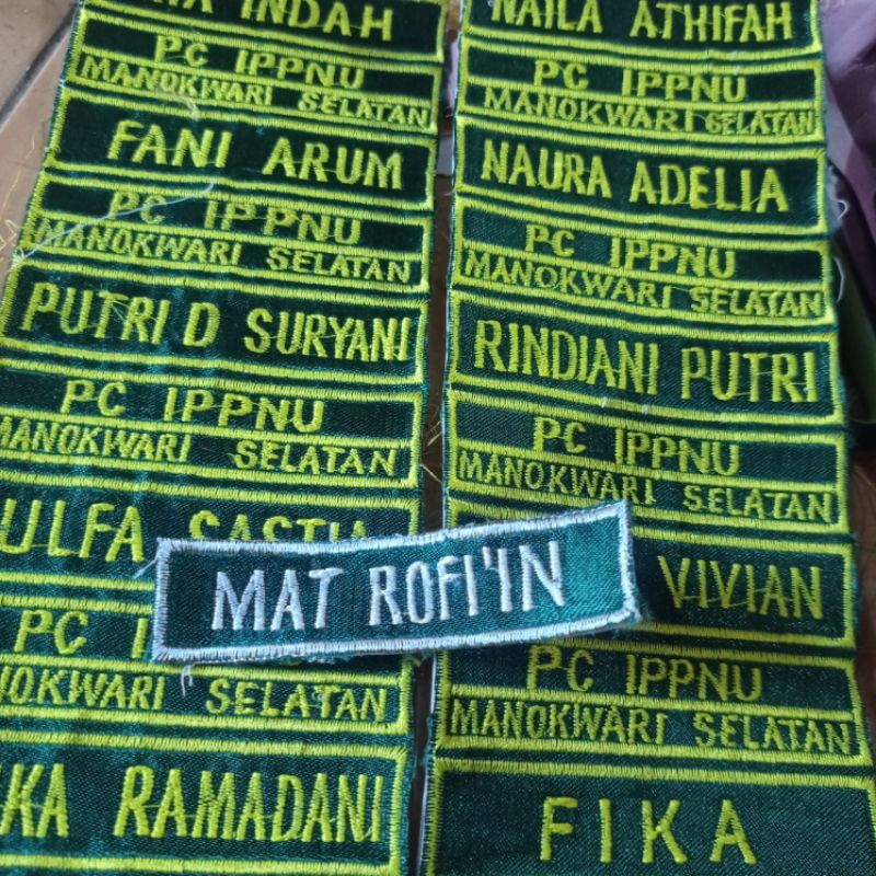 BORDIR NAMA, LOGO IPNU-IPPNU, ANSOR, FATAYAT, CBP-KPP, BANSER DLL